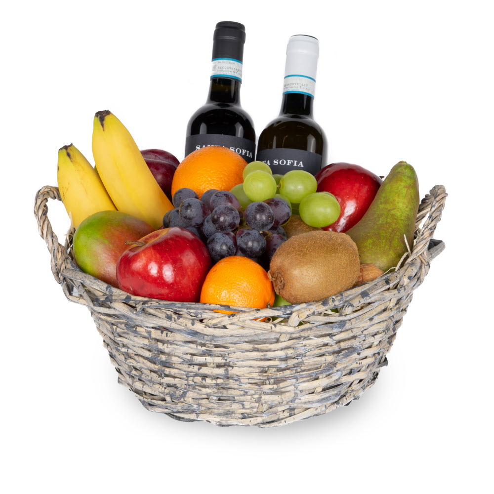 Country Fruit Wine Selection Basket with fresh fruit and red and white wine