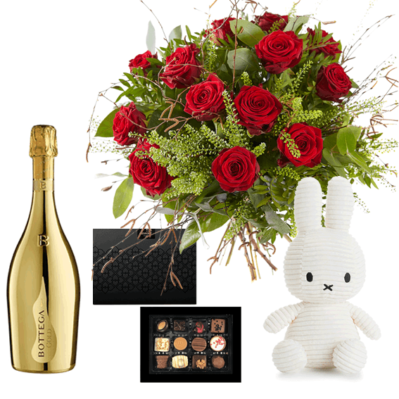 Cadeau pakket Rode rozen Belgische Chocolade, Prosecco en Nijntje wit