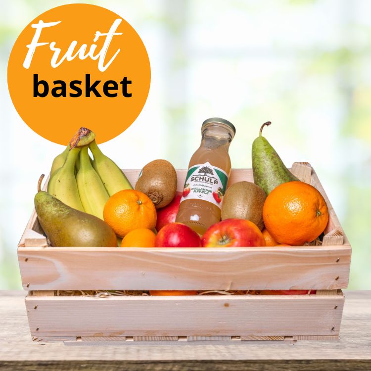 Luxe Fruitkist met een Fles Schulp vruchtensap