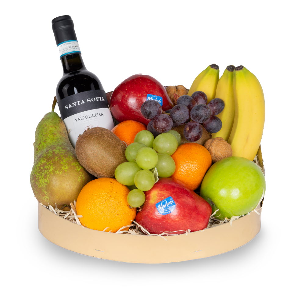 Golden Red Wine Selection Fruit Basket with fresh fruit and red wine