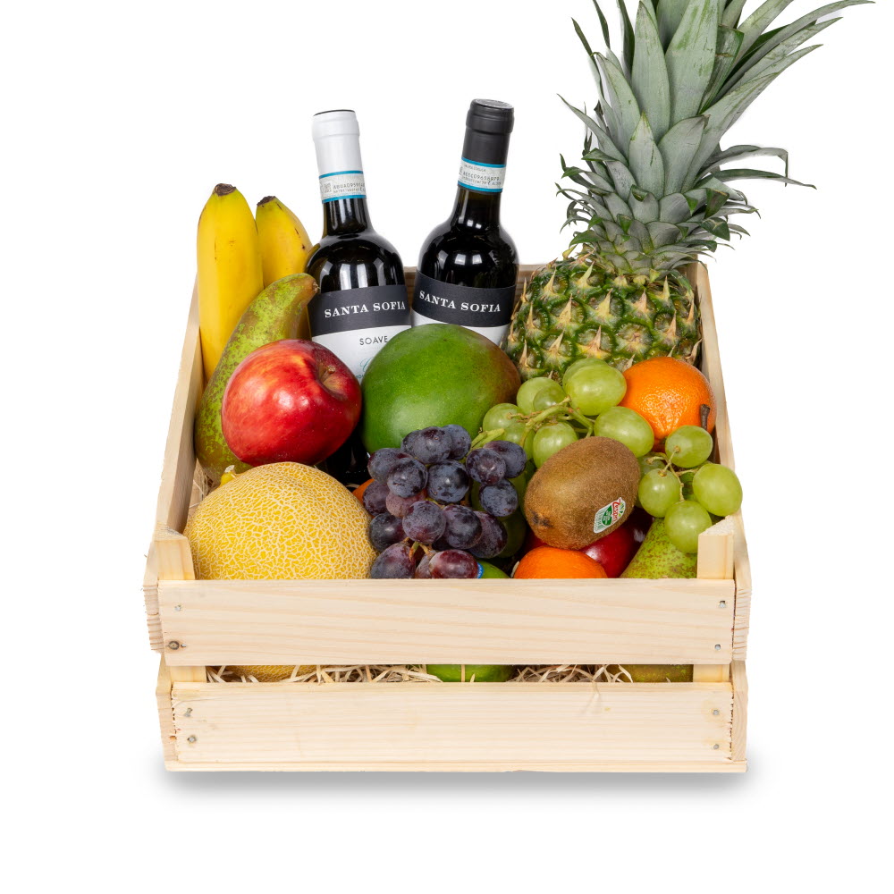 Woodland Fruit & Wine Selection Fruit Basket with fresh fruit and red and white wine