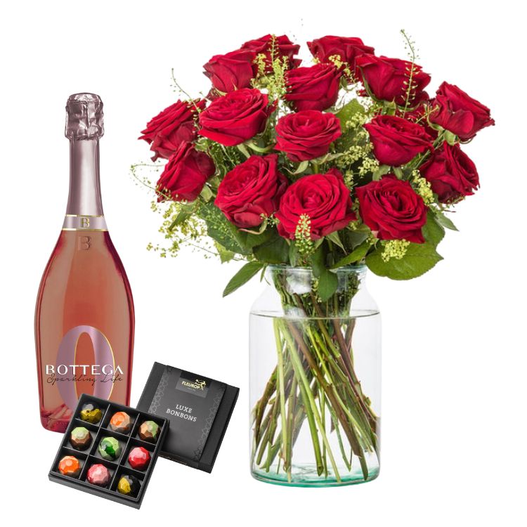 Cymbidium Flowers in a box with Bottles of Prosecco