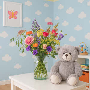 Colorful new baby flower bouquet with teddy bear delivered in Son-en-Breugel