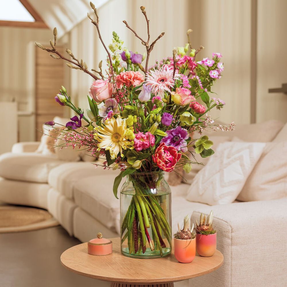 A cheerful bouquet of fresh flowers in a cozy living room in Amsterdam