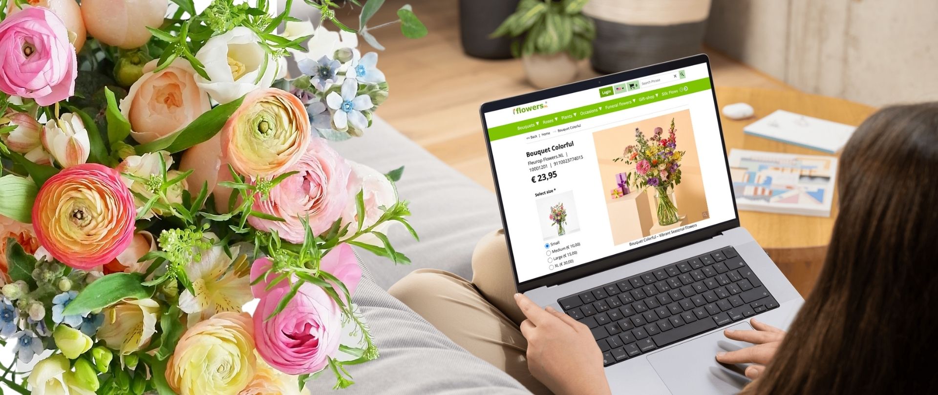 A woman orders flowers online for Same Day delivery in Amsterdam via Flowers.nl.