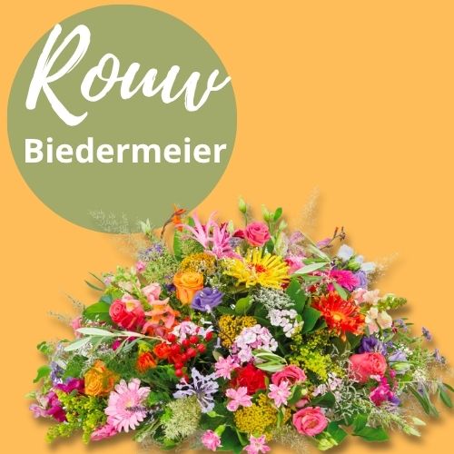 Rouw biedermeier bloemstuk in ronde vorm met pasteltinten in Echt