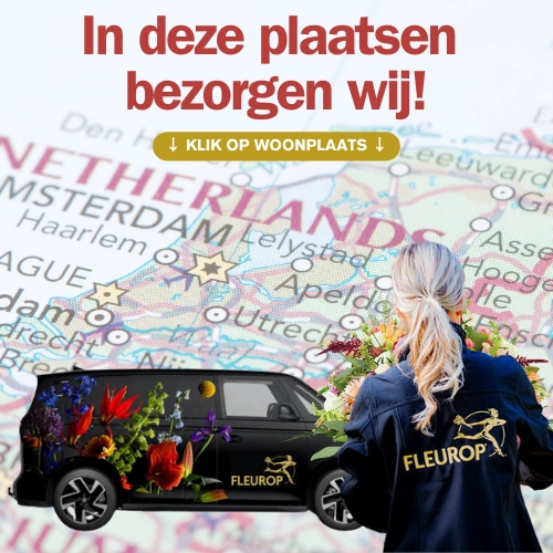 afbeelding met bezorgbus en bezorgster van bloemen