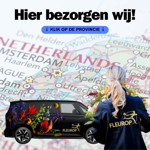 afbeelding met bezorgbus en bezorgster van bloemen